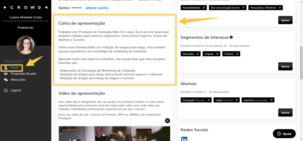 Texto completo no bloco Carta de Apresentação no perfil do usuário freelancer na plataforma Crowd