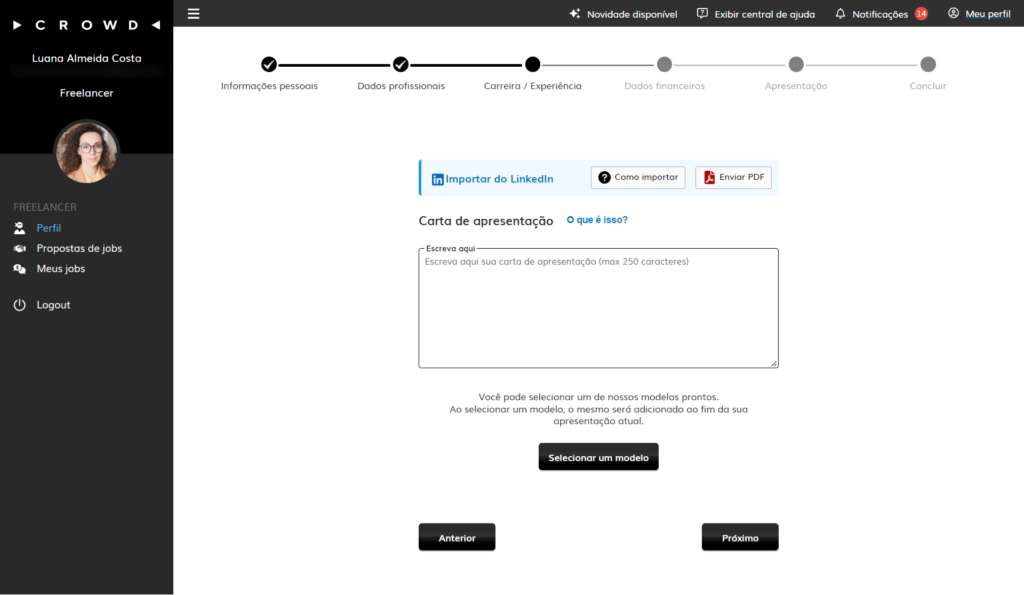 Carta de apresentação do perfil na atualização do cadastro na nova plataforma Crowd
