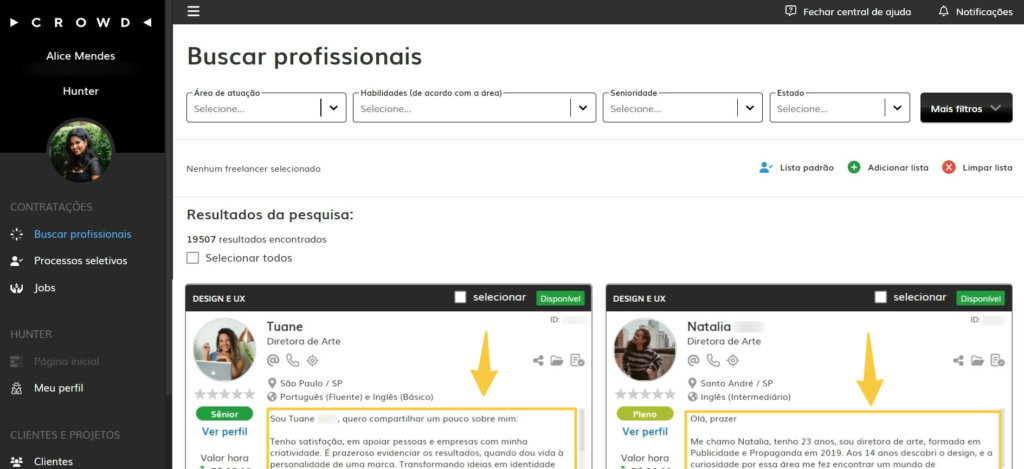 Carta de apresentação no perfil resumido do usuário freelancer exibida para usuários hunter na plataforma Crowd