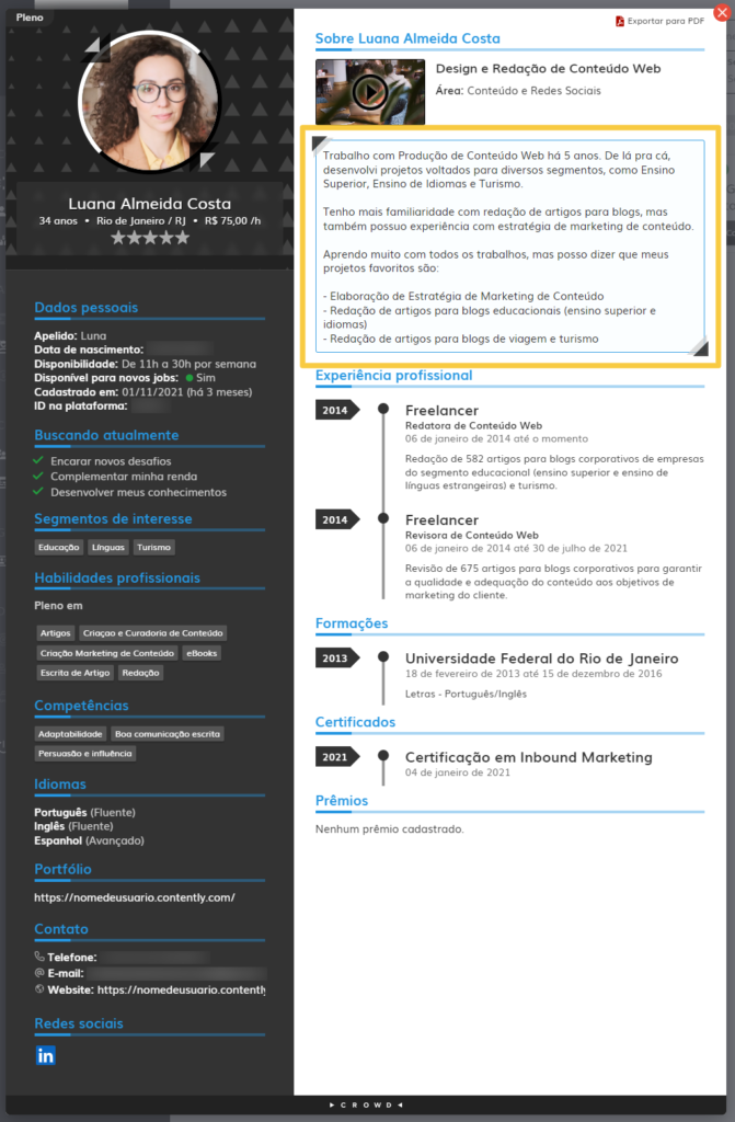 Perfil completo do usuário freelancer na plataforma Crowd