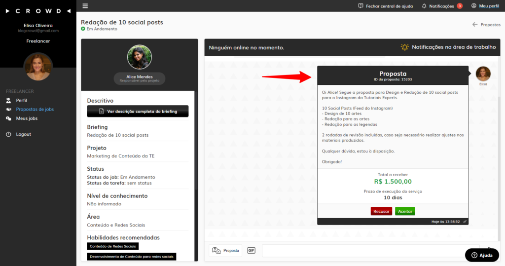 Exemplo de proposta no chat de um processo seletivo na plataforma Crowd - Visão do usuário Freelancer.