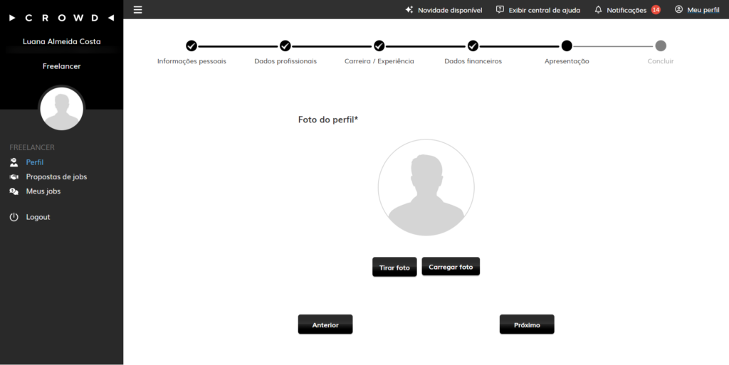 Incluir foto de perfil no passo a passo de atualização de perfil na plataforma Crowd