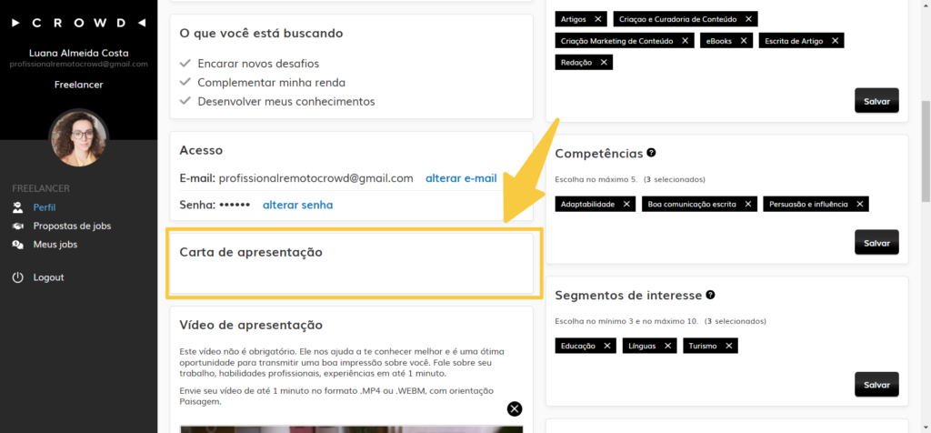 Bloco Carta de Apresentação no perfil do usuário freelancer na plataforma Crowd