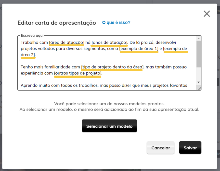 Editar o template no bloco Carta de Apresentação no perfil do usuário freelancer na plataforma Crowd