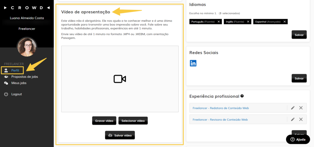 Bloco Vídeo de Apresentação no perfil do usuário freelancer na plataforma Crowd