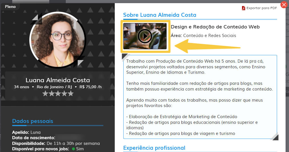 Vídeo de apresentação do perfil completo do usuário freelancer na plataforma Crowd